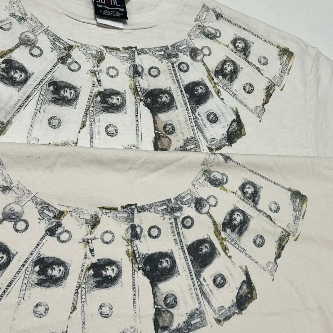 Proofing VS ZP SAINT Mxxxxxx MONEY TEE/WHT US Dollar Necklace Retro Short Sleeves Off-White S-XL Ready-made Garments Washed and Distressed Authentic Grade Printing Level Correct Accessories/With Little Angel Label